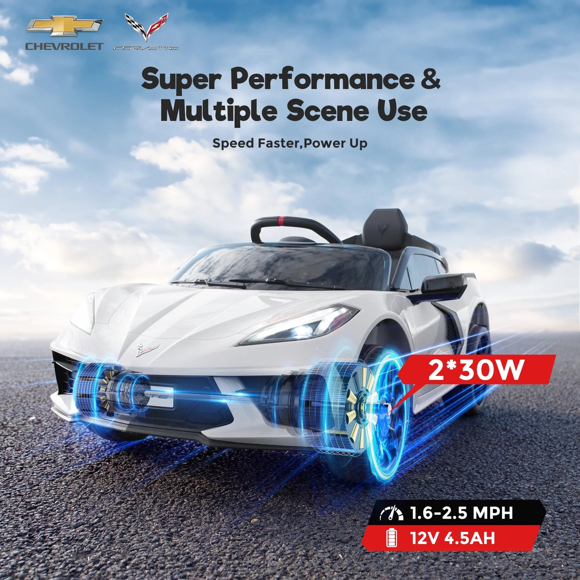 Licensed Chevrolet Corvette C8 12V Kids Electric Ride on Car Toy, Battery Powered Car Truck with Remote Control, Bluetooth, 3 Speeds, LED Headlight, Music Player & Spring Suspension, White