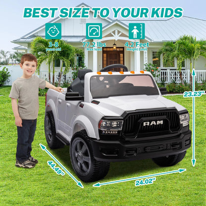 Licensed Dodge RAM 2500 12V Ride on Cars with Remote Control, Kids Electric Ride on Pickup Truck with Music, MP3/USB Port, Cup Holder, Back Storage, Electric Cars for Kids Boys Girls 3-6 Ages, White