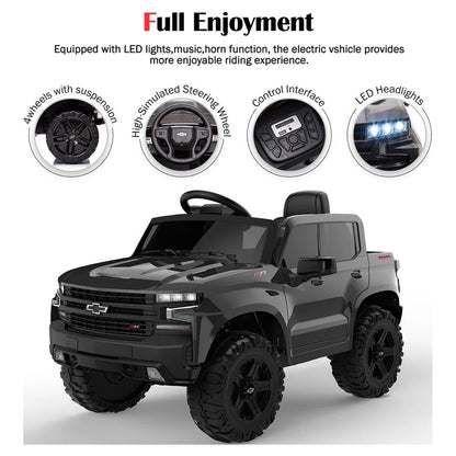 Chevrolet Silverado 12V Ride on Truck, Black Ride on Toys with Remote Control, Battery Powered Ride on Cars for Boys, Electric Cars for Kids to Ride, LED Lights, MP3 Music, Foot Pedal, CL220