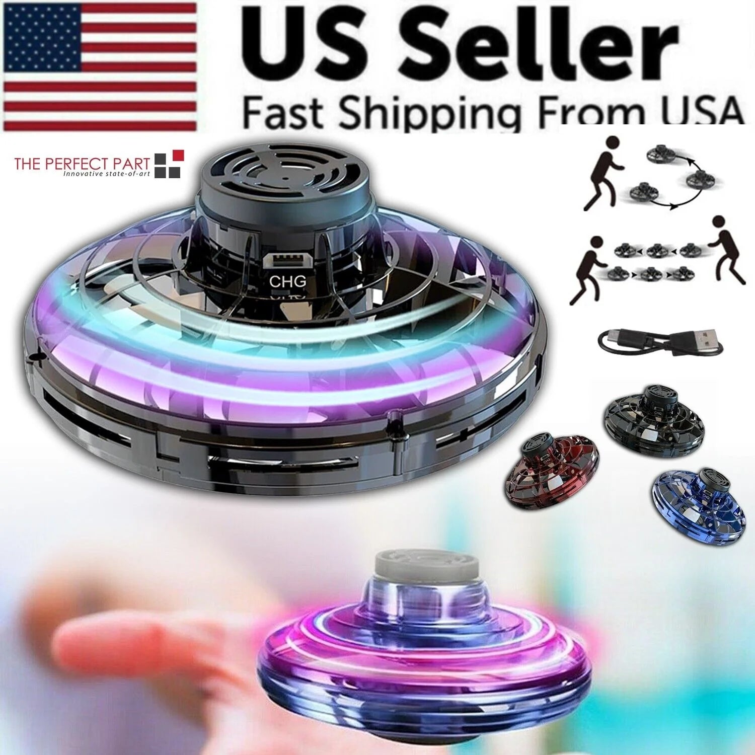 Flying Fidget Spinner Drone Ball UFO Stress Focus Hand Fun Toy LED Kids & Adults