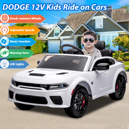 Kids Electric Cars with Remote Control, Licensed Dodge Charger 12V Ride on Cars for Boys Girls, Battery Powered Ride on Toys with Bluetooth, USB, MP3, 4 Wheel Suspension, White