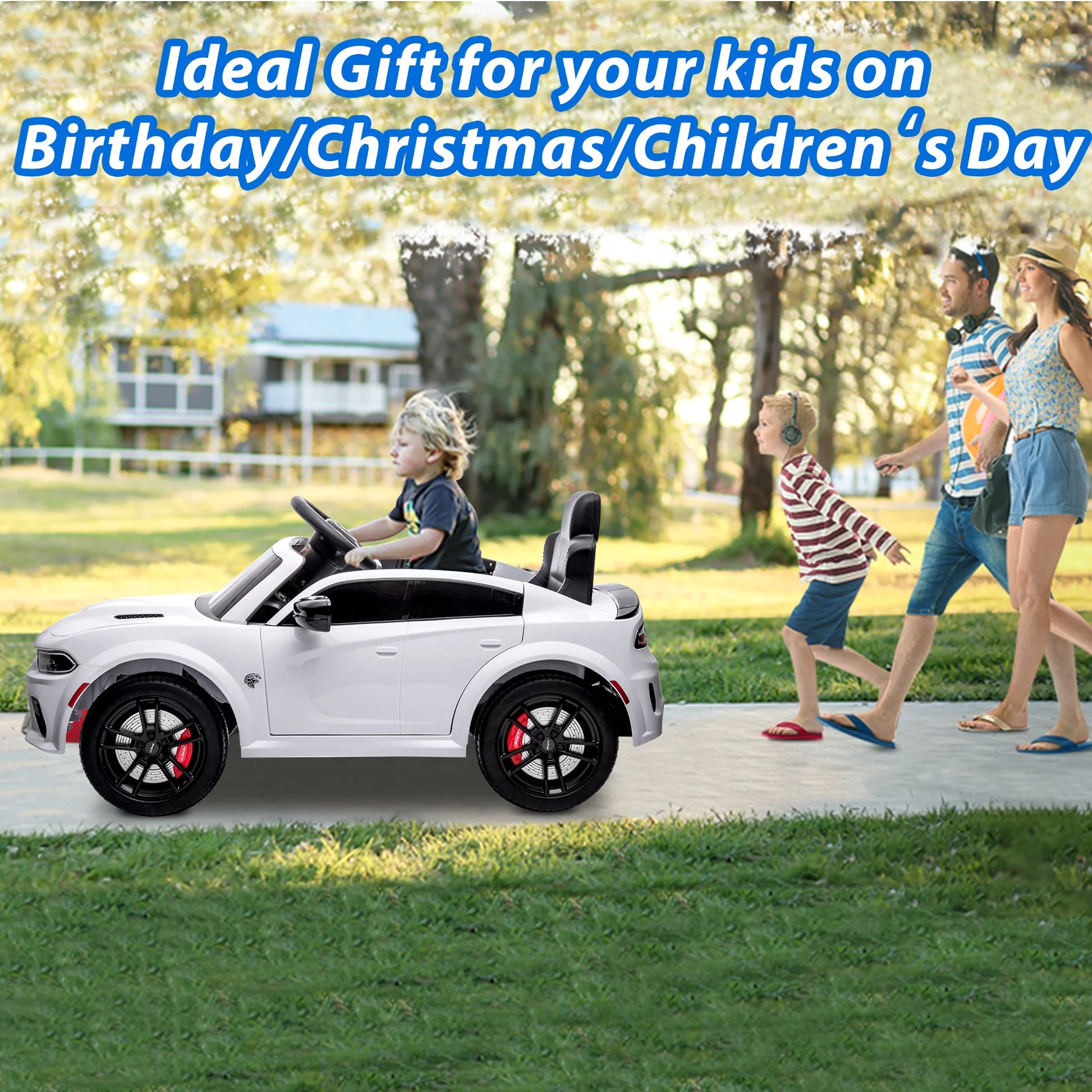 Kids Electric Cars with Remote Control, Licensed Dodge Charger 12V Ride on Cars for Boys Girls, Battery Powered Ride on Toys with Bluetooth, USB, MP3, 4 Wheel Suspension, White