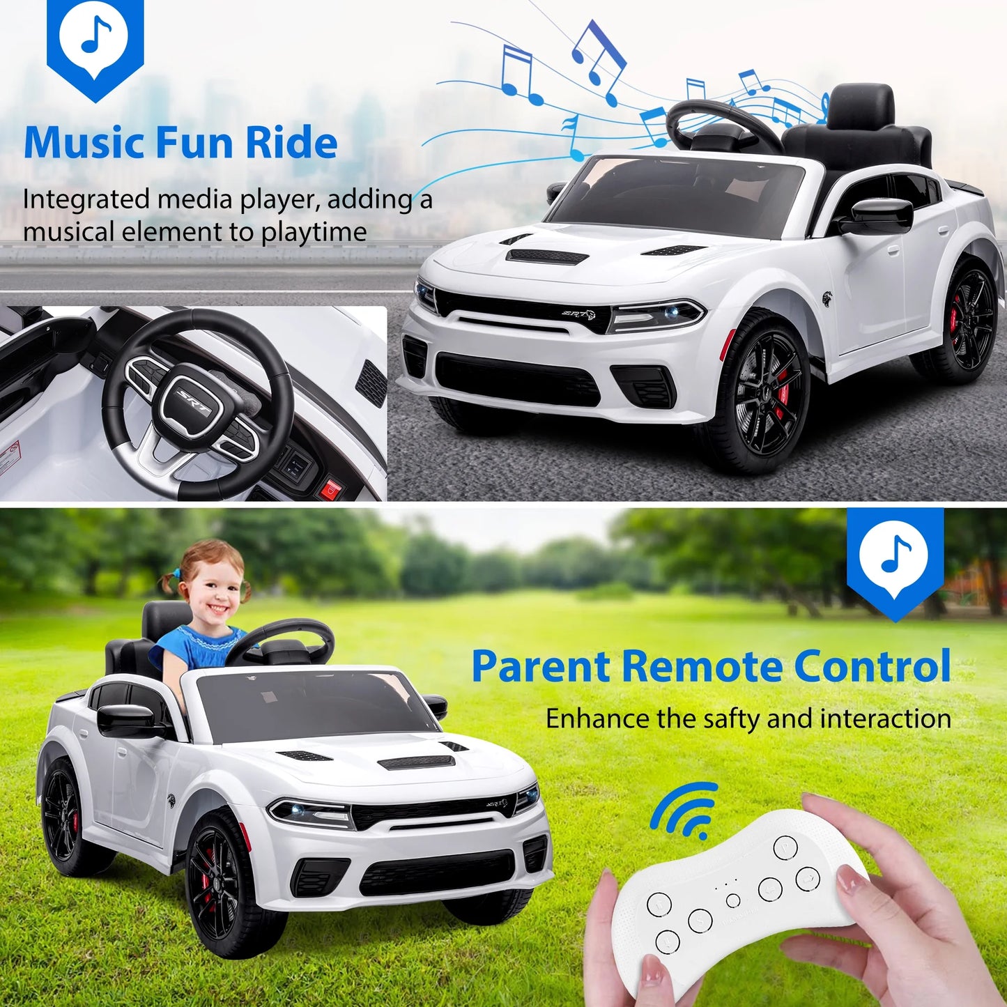 Kids Electric Cars with Remote Control, Licensed Dodge Charger 12V Ride on Cars for Boys Girls, Battery Powered Ride on Toys with Bluetooth, USB, MP3, 4 Wheel Suspension, White