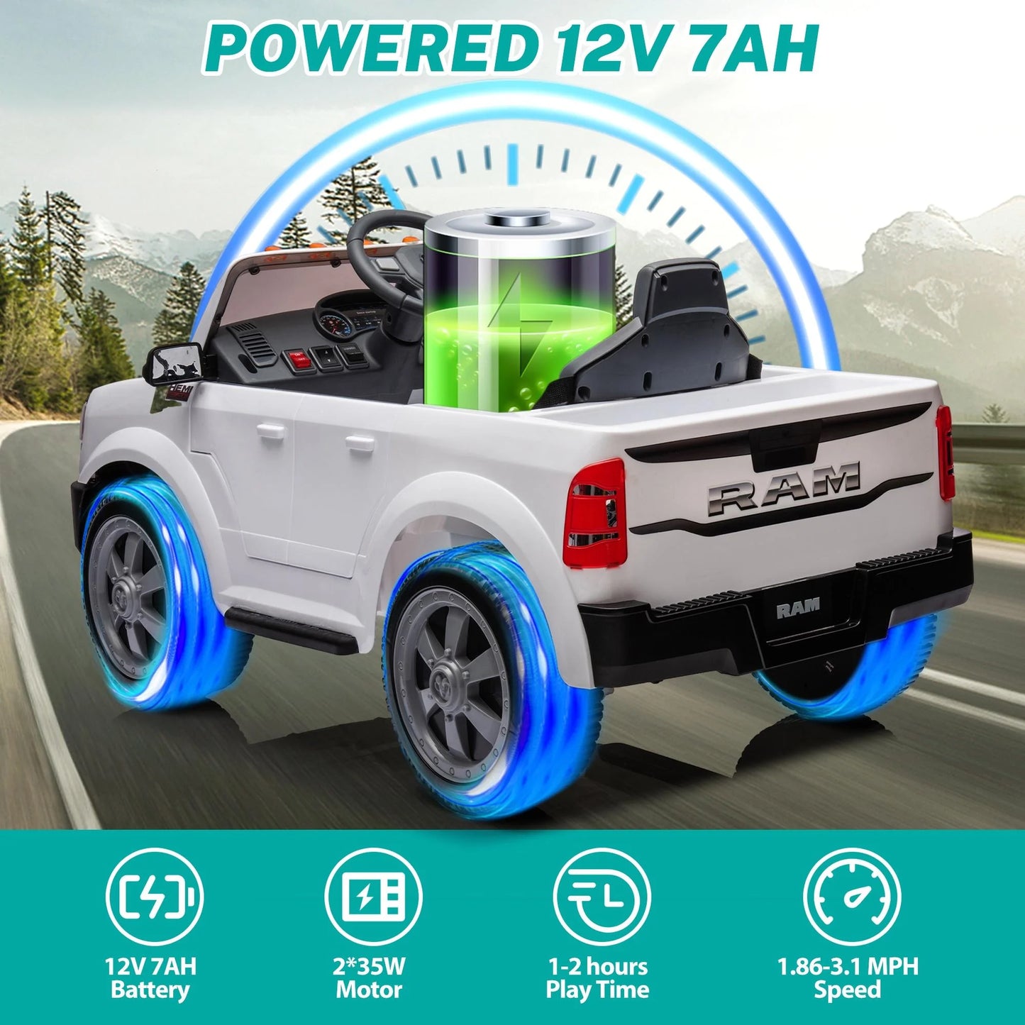 Licensed Dodge RAM 2500 12V Ride on Cars with Remote Control, Kids Electric Ride on Pickup Truck with Music, MP3/USB Port, Cup Holder, Back Storage, Electric Cars for Kids Boys Girls 3-6 Ages, White