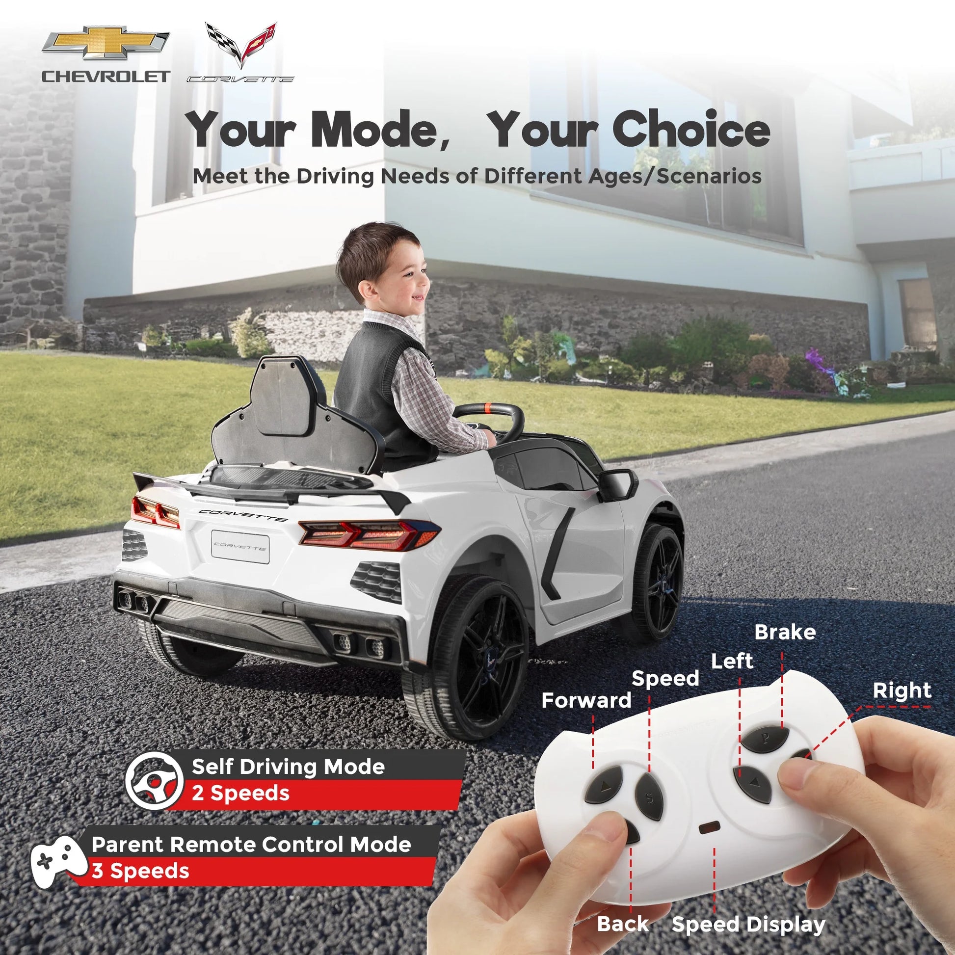 Licensed Chevrolet Corvette C8 12V Kids Electric Ride on Car Toy, Battery Powered Car Truck with Remote Control, Bluetooth, 3 Speeds, LED Headlight, Music Player & Spring Suspension, White