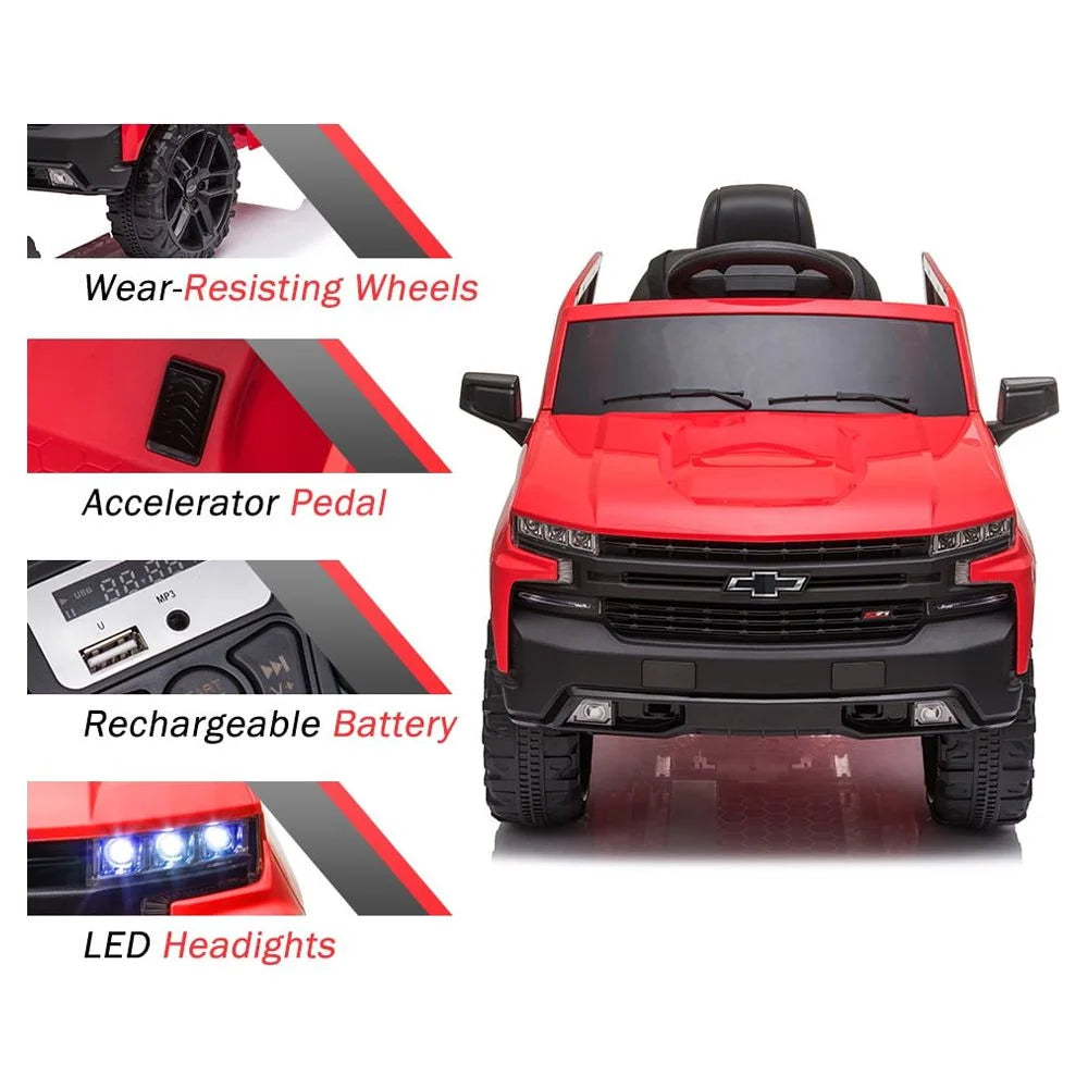 Chevrolet Silverado 12V Ride on Truck, Red Ride on Toys with Remote Control, Battery Powered Ride on Cars for Girls, Electric Cars for Kids to Ride, LED Lights, MP3 Music, Foot Pedal, CL238