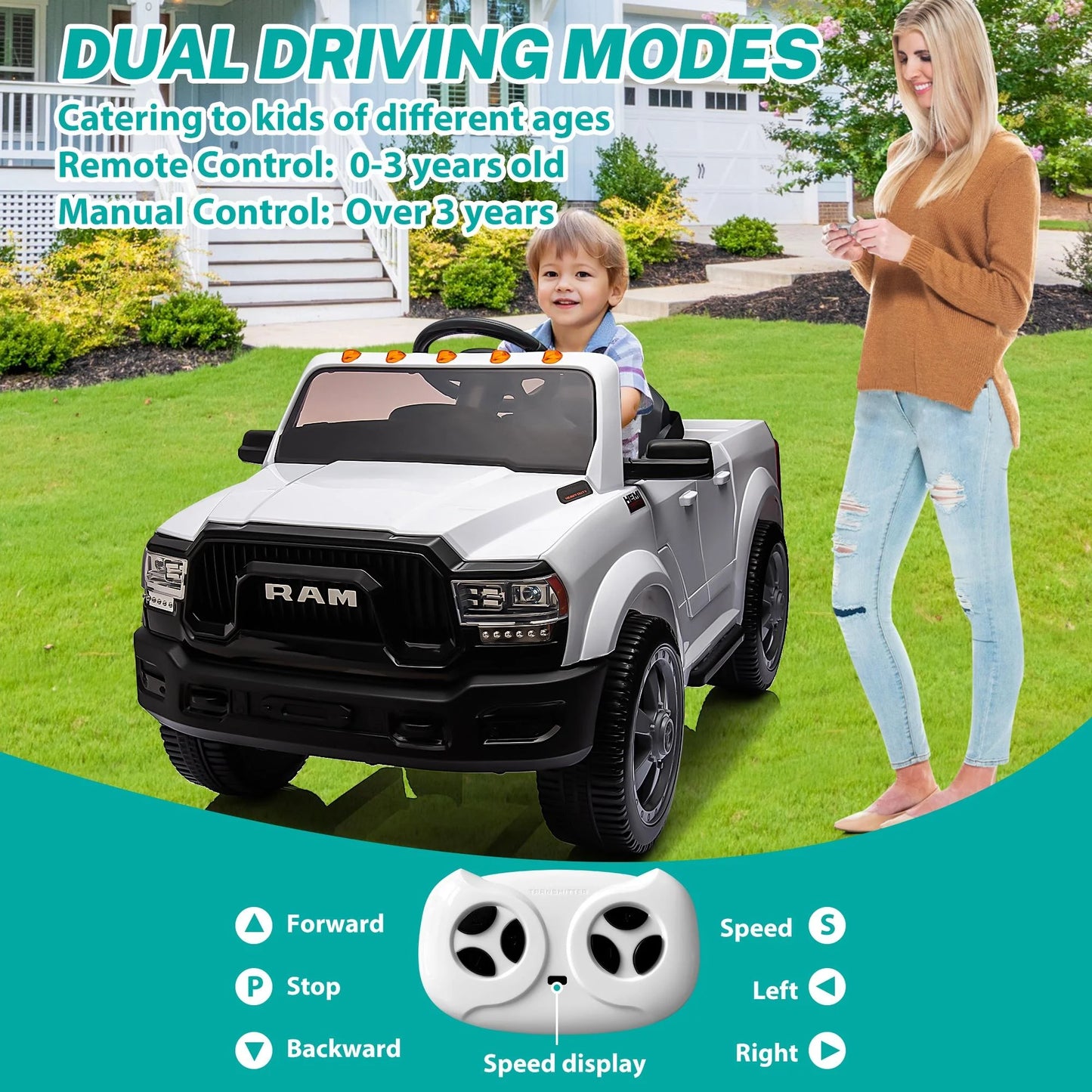 Licensed Dodge RAM 2500 12V Ride on Cars with Remote Control, Kids Electric Ride on Pickup Truck with Music, MP3/USB Port, Cup Holder, Back Storage, Electric Cars for Kids Boys Girls 3-6 Ages, White