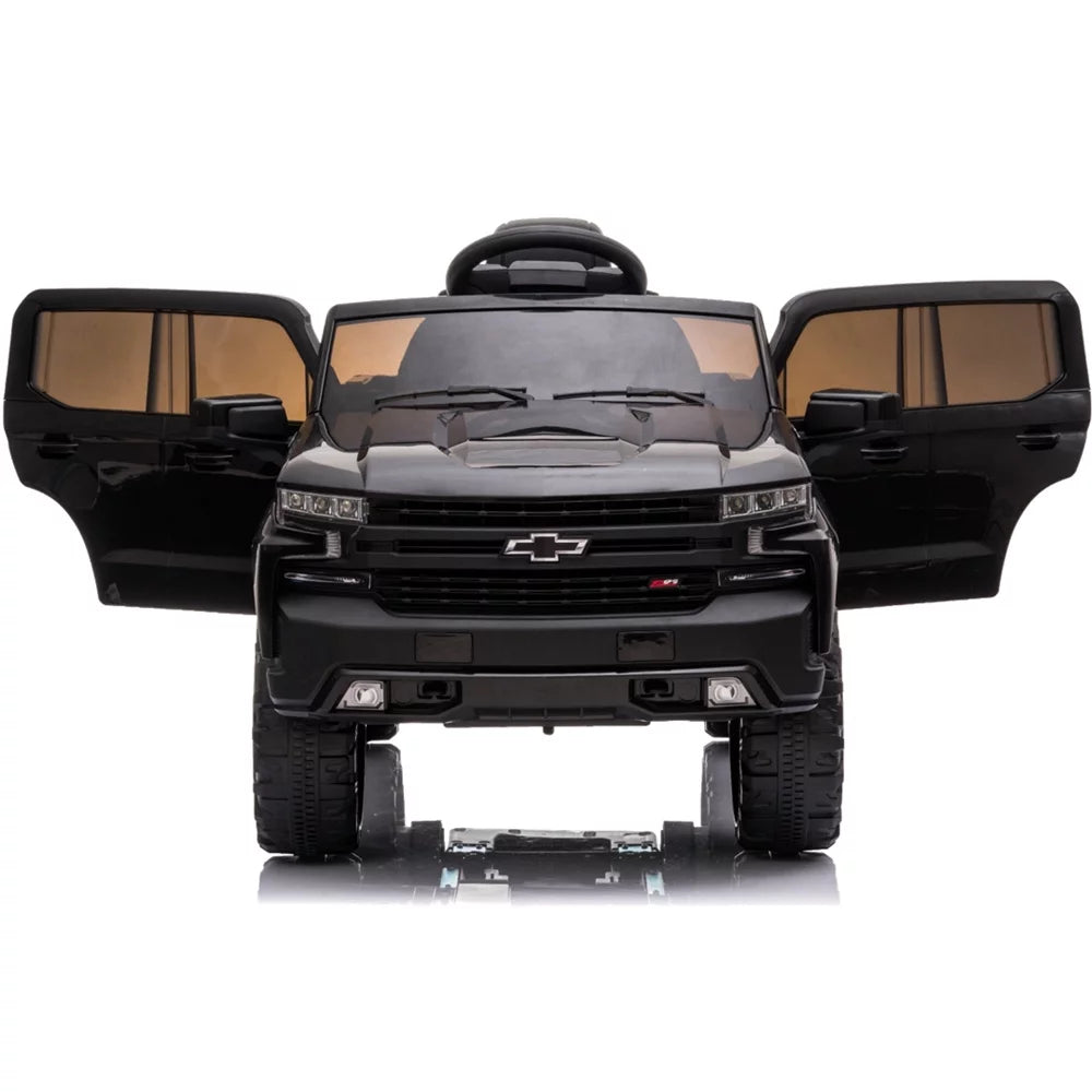 Chevrolet Silverado 12V Ride on Truck, Black Ride on Toys with Remote Control, Battery Powered Ride on Cars for Boys, Electric Cars for Kids to Ride, LED Lights, MP3 Music, Foot Pedal, CL220