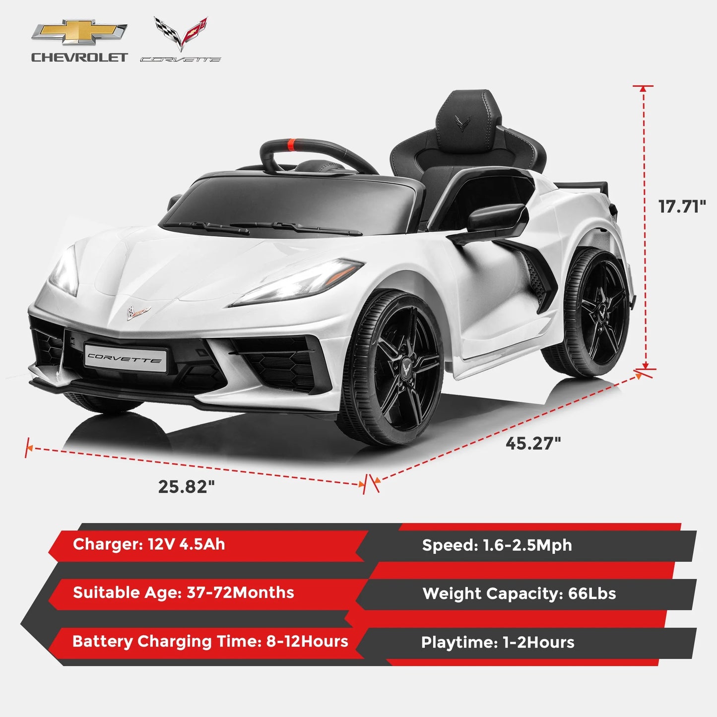 Licensed Chevrolet Corvette C8 12V Kids Electric Ride on Car Toy, Battery Powered Car Truck with Remote Control, Bluetooth, 3 Speeds, LED Headlight, Music Player & Spring Suspension, White