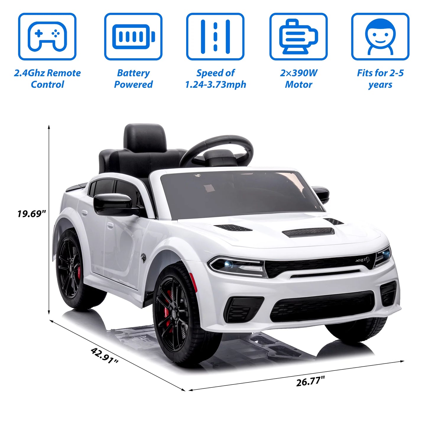 Kids Electric Cars with Remote Control, Licensed Dodge Charger 12V Ride on Cars for Boys Girls, Battery Powered Ride on Toys with Bluetooth, USB, MP3, 4 Wheel Suspension, White