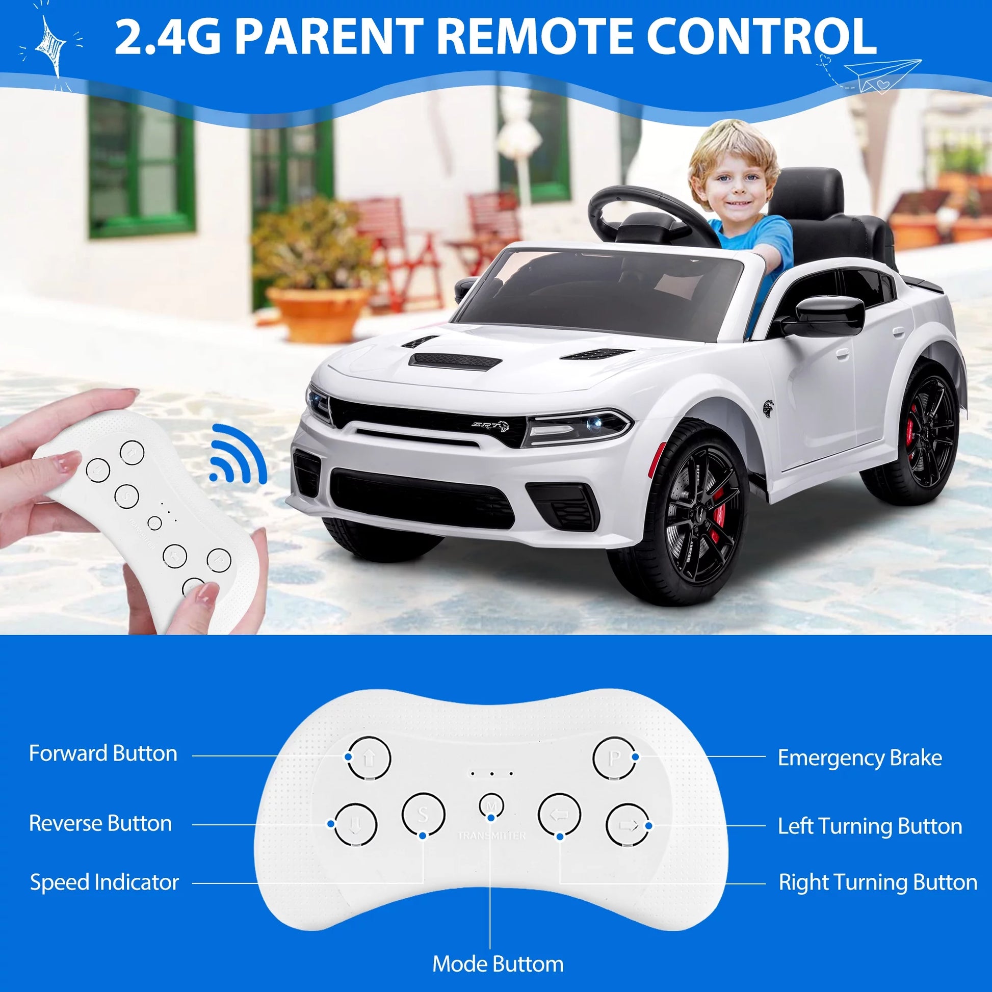 Kids Electric Cars with Remote Control, Licensed Dodge Charger 12V Ride on Cars for Boys Girls, Battery Powered Ride on Toys with Bluetooth, USB, MP3, 4 Wheel Suspension, White