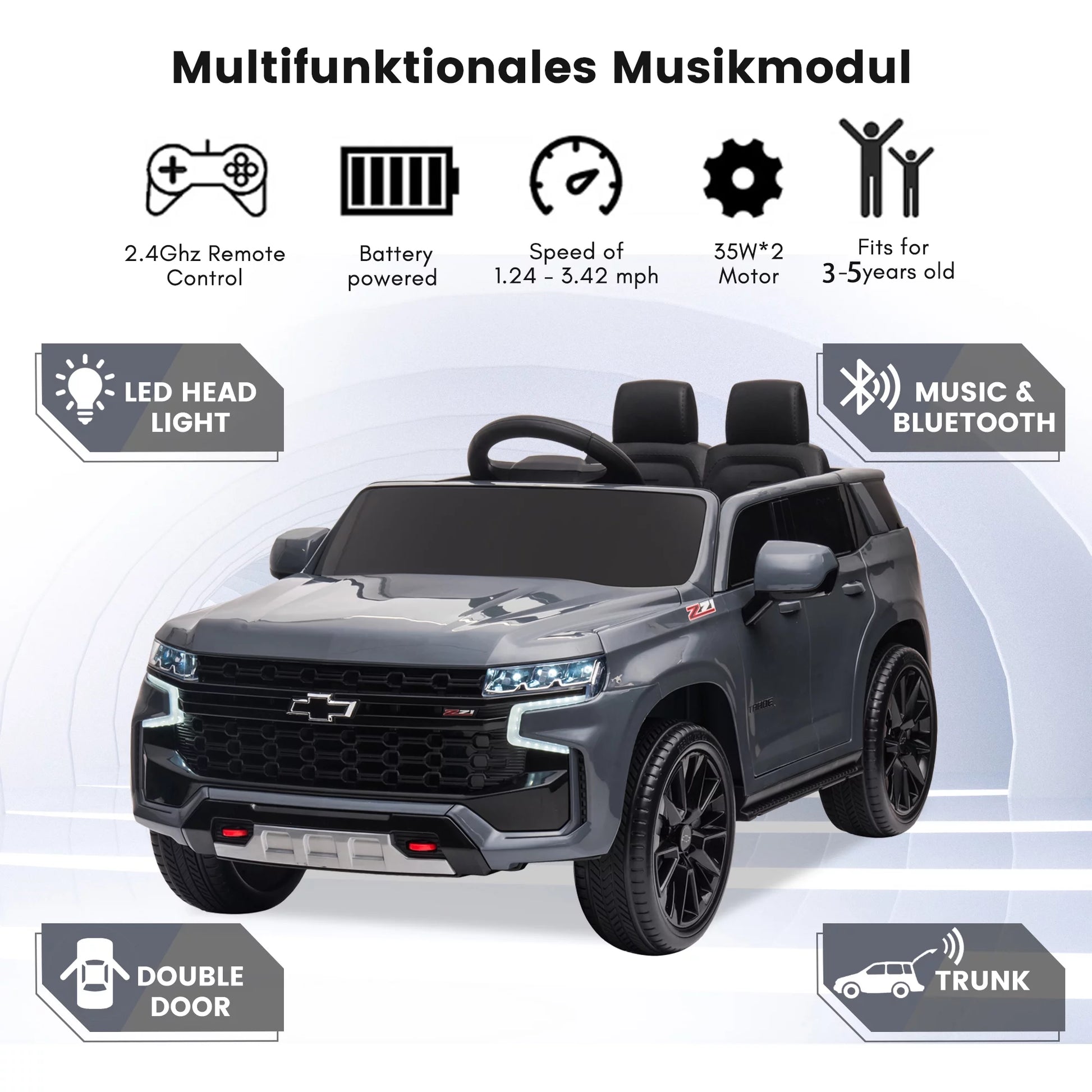 Chevrolet Tahoe Kids Ride on Car, 12V Powered Ride on Toy with Remote Control, 4 Wheels Suspension, Safety Belt, MP3 Player, LED Lights, Electric Vehicles for Boys Girls, Gray