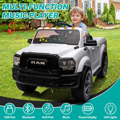 Licensed Dodge RAM 2500 12V Ride on Cars with Remote Control, Kids Electric Ride on Pickup Truck with Music, MP3/USB Port, Cup Holder, Back Storage, Electric Cars for Kids Boys Girls 3-6 Ages, White