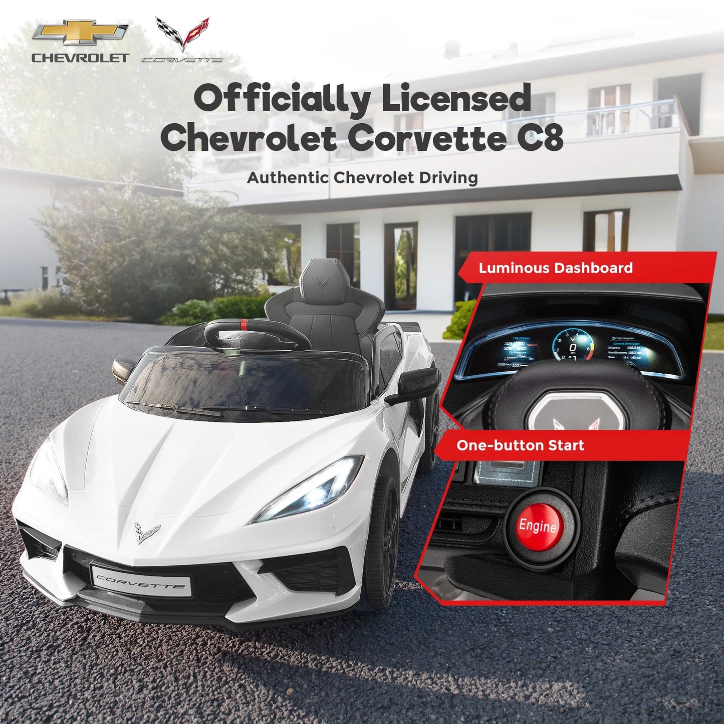 Licensed Chevrolet Corvette C8 12V Kids Electric Ride on Car Toy, Battery Powered Car Truck with Remote Control, Bluetooth, 3 Speeds, LED Headlight, Music Player & Spring Suspension, White