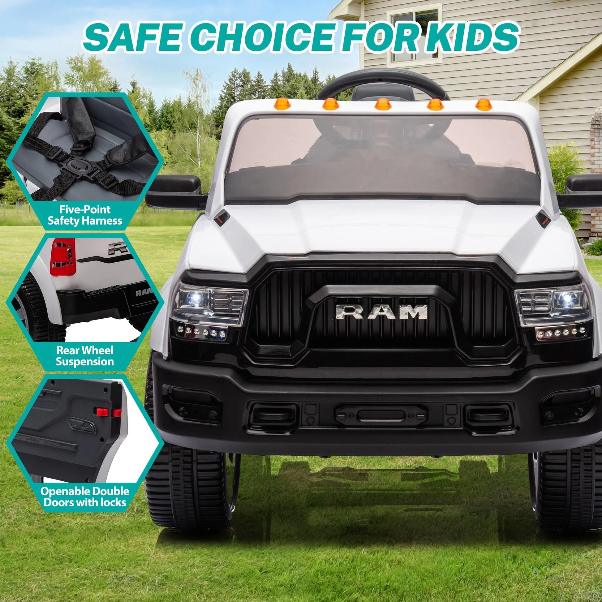 Licensed Dodge RAM 2500 12V Ride on Cars with Remote Control, Kids Electric Ride on Pickup Truck with Music, MP3/USB Port, Cup Holder, Back Storage, Electric Cars for Kids Boys Girls 3-6 Ages, White