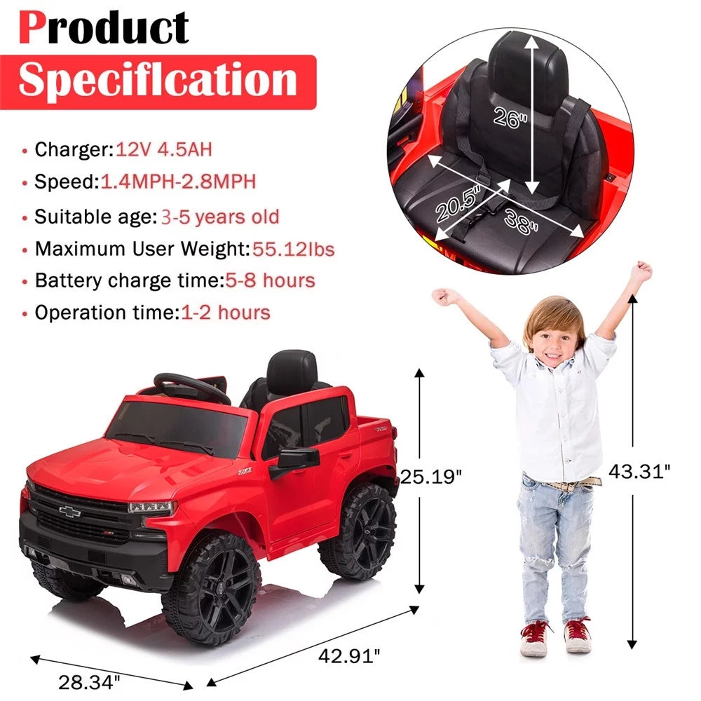 Chevrolet Silverado 12V Ride on Truck, Red Ride on Toys with Remote Control, Battery Powered Ride on Cars for Girls, Electric Cars for Kids to Ride, LED Lights, MP3 Music, Foot Pedal, CL238