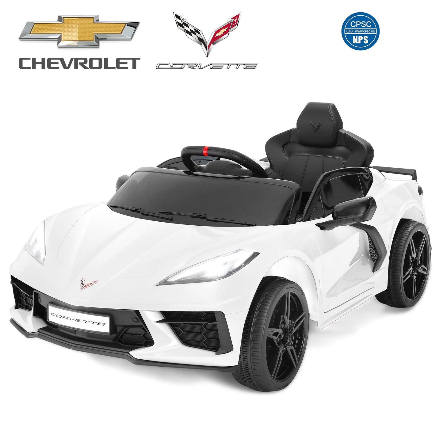 Licensed Chevrolet Corvette C8 12V Kids Electric Ride on Car Toy, Battery Powered Car Truck with Remote Control, Bluetooth, 3 Speeds, LED Headlight, Music Player & Spring Suspension, White