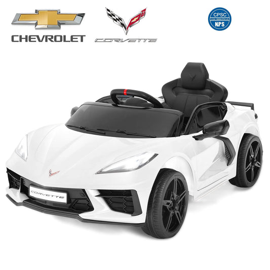 Licensed Chevrolet Corvette C8 12V Kids Electric Ride on Car Toy, Battery Powered Car Truck with Remote Control, Bluetooth, 3 Speeds, LED Headlight, Music Player & Spring Suspension, White