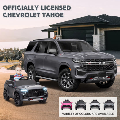 Chevrolet Tahoe Kids Ride on Car, 12V Powered Ride on Toy with Remote Control, 4 Wheels Suspension, Safety Belt, MP3 Player, LED Lights, Electric Vehicles for Boys Girls, Gray