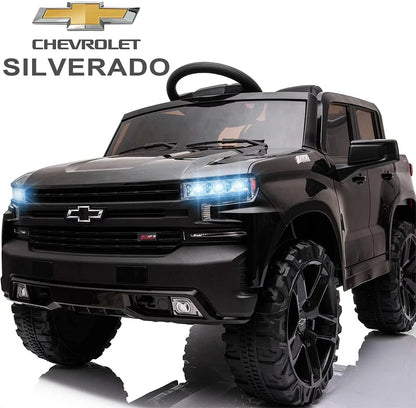 Chevrolet Silverado 12V Ride on Truck, Black Ride on Toys with Remote Control, Battery Powered Ride on Cars for Boys, Electric Cars for Kids to Ride, LED Lights, MP3 Music, Foot Pedal, CL220