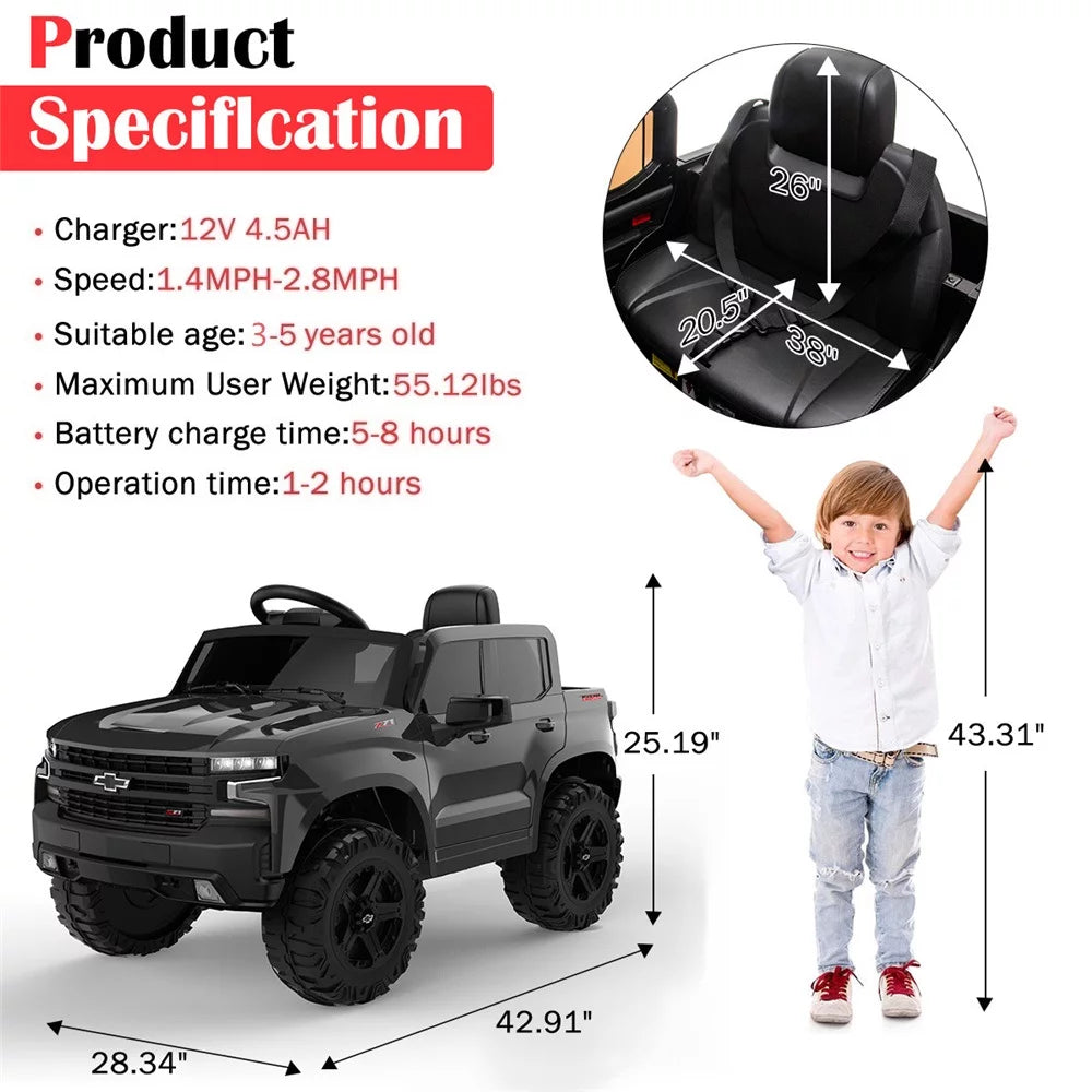 Chevrolet Silverado 12V Ride on Truck, Black Ride on Toys with Remote Control, Battery Powered Ride on Cars for Boys, Electric Cars for Kids to Ride, LED Lights, MP3 Music, Foot Pedal, CL220